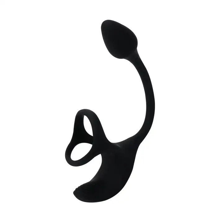 Trident anneau vibrant 3-en-1 noir avec bras prostatique et anneau pénien